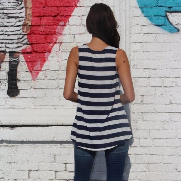 Moon & Sky Lace Striped Tank Top Navy Blue Size L - Picture 2 of 10